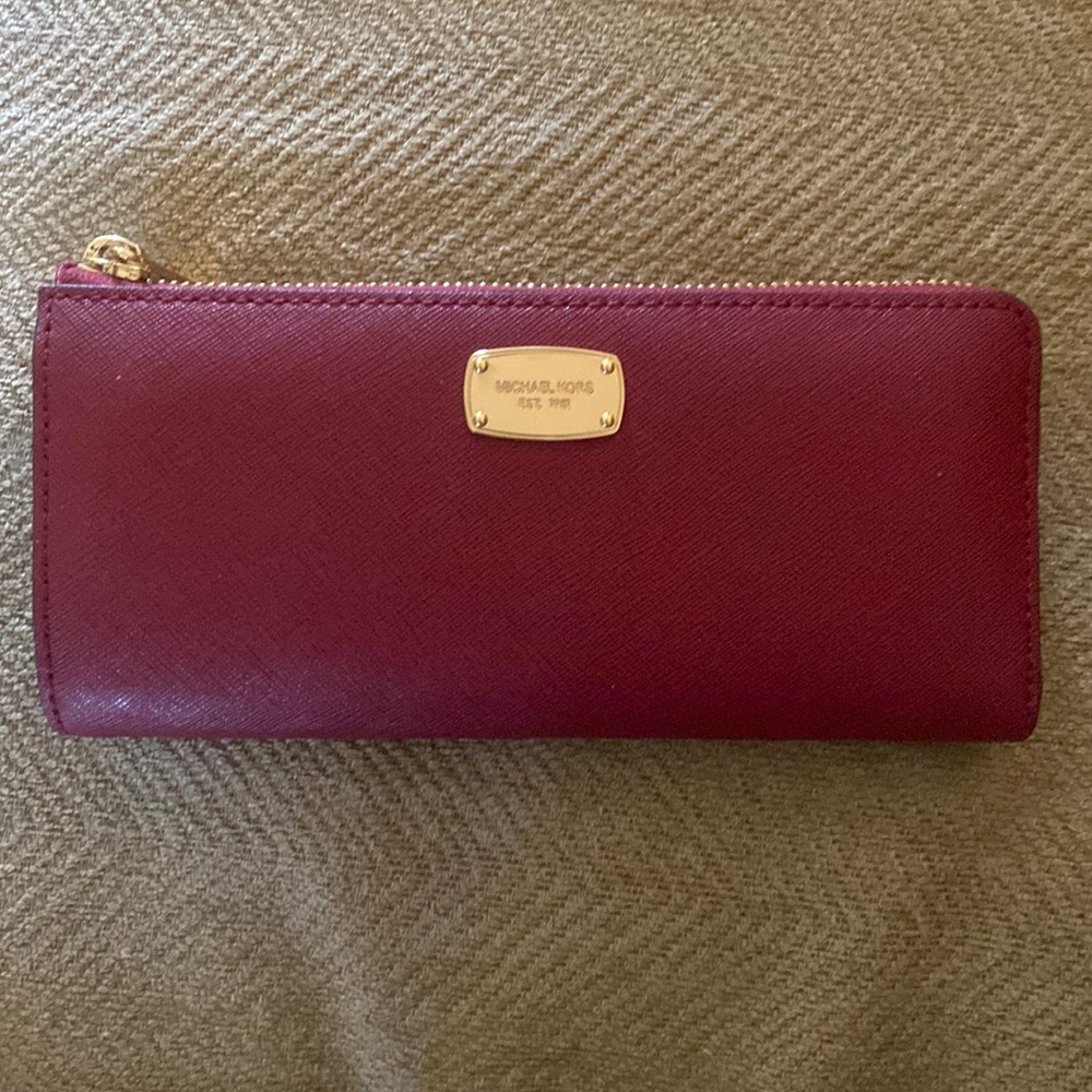 NWT Michael Kors large leather wallet. Cherry red color—THE color for Fall 2023